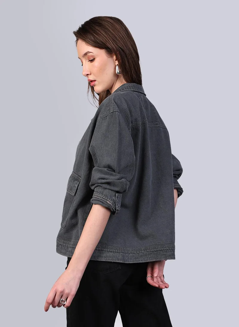Urbano Fashion  Urbano Fashion Women's Grey Relaxed Fit Full Sleeve Utility Denim Jacket for Women | Best Price UAE